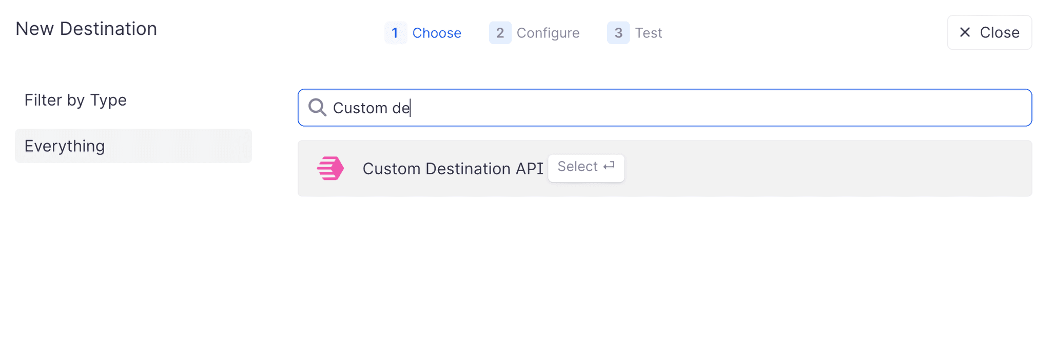 Select Custom Destination API as the destination type in the UI